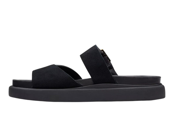 Clarks Aristella Mule, Black Suede low slip-on sandal, double straps and gold buckle, inner