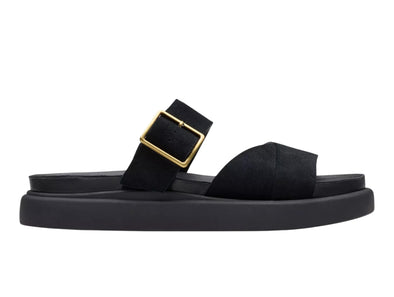 Clarks Aristella Mule, Black Suede low slip-on sandal, double straps and gold buckle, outer