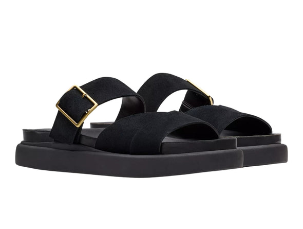 Clarks Aristella Mule, Black Suede low slip-on sandal, double straps and gold buckle, upper