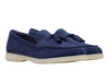 Clarks Narini Edge – Navy Suede loafer, off whit rubber sole, tassels on instep, upper. 