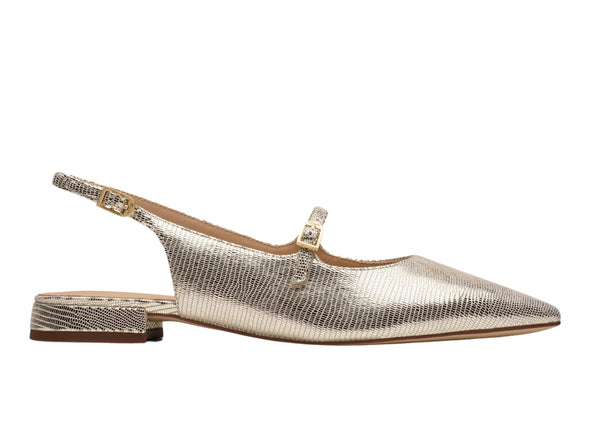 Clarks Sensa 15 Shine, Champagne. Sling-Back Pumps with pointed toe, rhinestone strap, and a 2cm block heel, outer. 