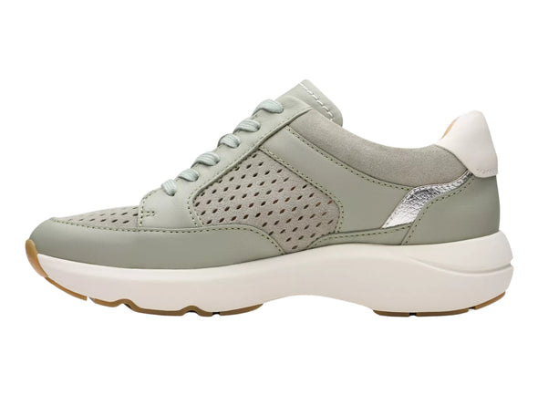 Clarks Tivoli Walk Light Green. Leather shoe with silver heel panel. Laced, perforated upper, inner view