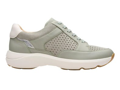 Clarks Tivoli Walk Light Green. Leather shoe with silver heel panel. Laced, perforated upper, outer view