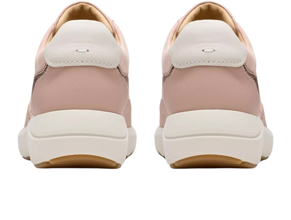 Clarks Tivoli Walk Light Pink. Leather shoe with gold heel panel. Laced, perforated upper, white sole, back view