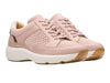 Clarks Tivoli Walk Light Pink. Leather shoe with gold heel panel. Laced, perforated upper, white sole, upper view