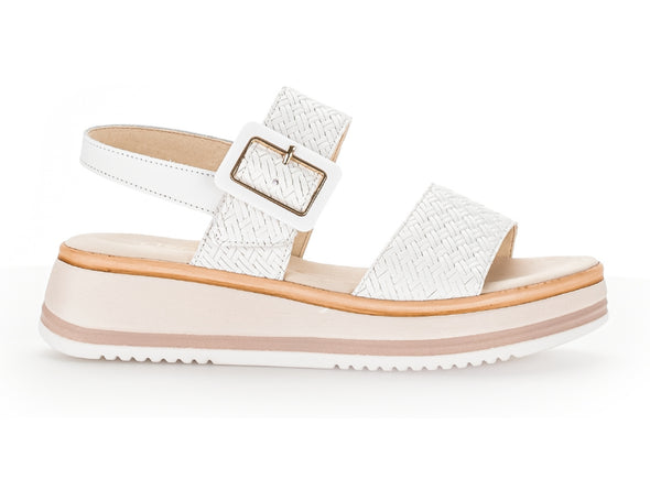 Gabor 62.744.60 Aviemore White leather Sandal, open-toe, Velcro strap, buckle detail, G-width fit, 6.5cm wedge heel outer