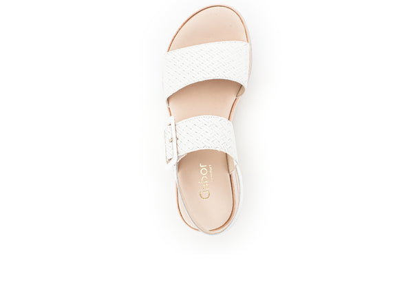 Gabor 62.744.60 Aviemore White leather Sandal, open-toe, Velcro strap, buckle detail, G-width fit, 6.5cm wedge heel top