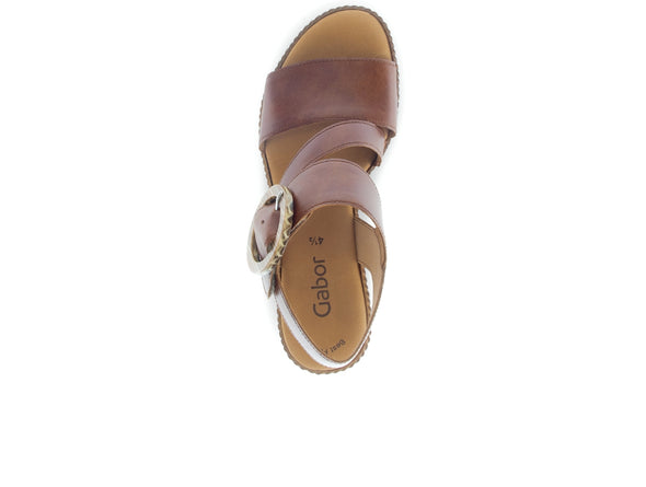 Gabor 64.770.24 Drama Cognac leather sandal, Velcro closure, O-ring buckle, 7.5cm wedge heel. top