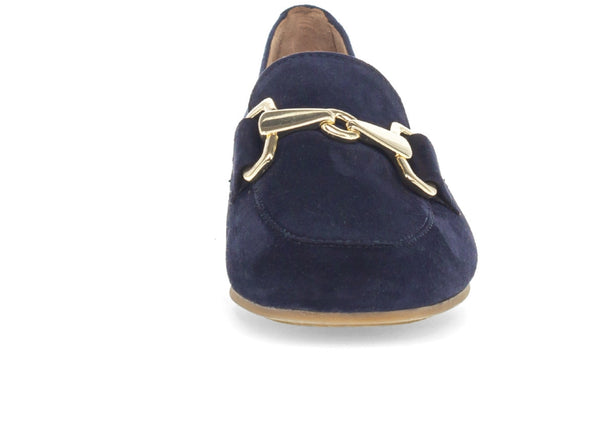 Gabor 65.211.36 Jangle navy suede slip-on shoes with gold chain trim and low block heel for stylish comfort front