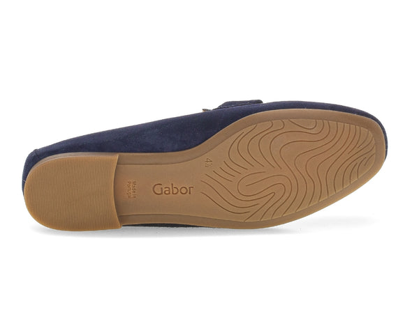 Gabor 65.211.36 Jangle navy suede slip-on shoes with gold chain trim and low block heel for stylish comfort sole