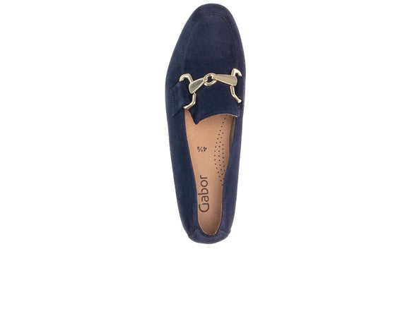 Gabor 65.211.36 Jangle navy suede slip-on shoes with gold chain trim and low block heel for stylish comfort top