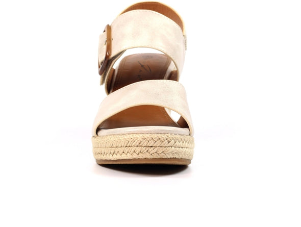 Lunar Rochester JLH507-Beige wedge sandals with double straps and buckles, resting on a woven platform, front view