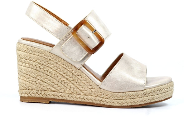 Lunar Rochester JLH507-Beige wedge sandals with double straps and buckles, resting on a woven platform, outer view