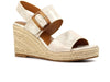 Lunar Rochester JLH507-Beige wedge sandals with double straps and buckles, resting on a woven platform, upper view