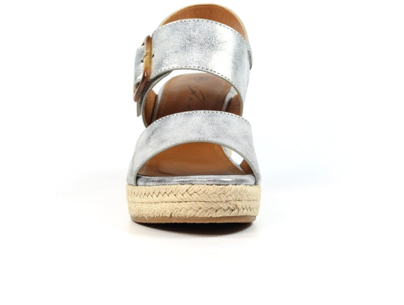 Lunar Rochester JLH507-Grey metallic wedge sandals with double straps and buckles, resting on a woven platform, front view