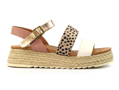 Lunar Summer JLH493-White. Women's summer platform sandals featuring a trendy animal print design, adjustable ankle strap, and a comfortable jute sole.