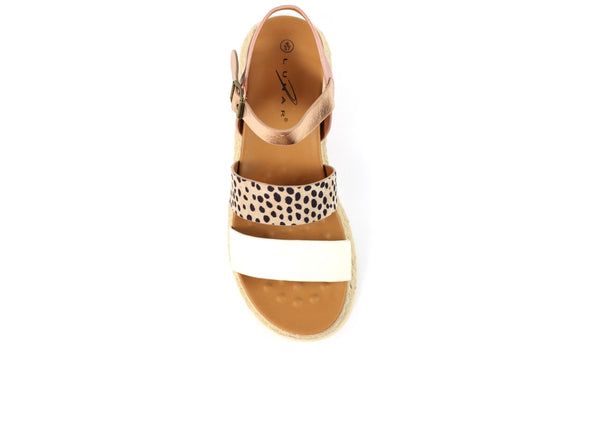 Lunar Summer JLH493-White. Women's summer platform sandals featuring a trendy animal print design, adjustable ankle strap, and a comfortable jute sole, top view.