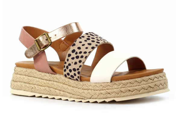 Lunar Summer JLH493-White. Women's summer platform sandals featuring a trendy animal print design, adjustable ankle strap, and a comfortable jute sole, upper view.