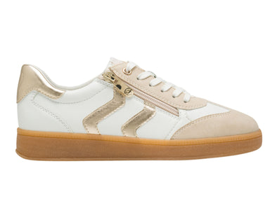 Women's laced fashion sneaker featuring a classic design, gold accents, and a comfortable subtle platform sole, outer view.