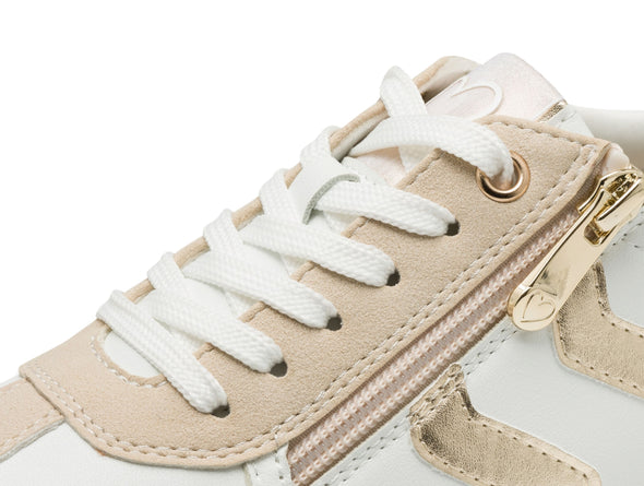 Women's laced fashion sneaker featuring a classic design, gold accents, and a comfortable subtle platform sole, upper 1 view.