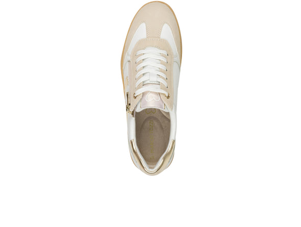 Women's laced fashion sneaker featuring a classic design, gold accents, and a comfortable subtle platform sole, top view.