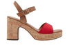 Marco Tozzi 2-28008-42 597 sandal in Red. Mid heel sandal with cork sole and brown ankle strap. Outer view