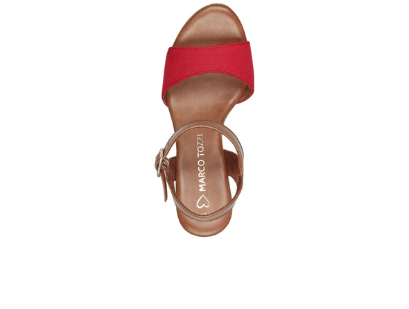 Marco Tozzi 2-28008-42 597 sandal in Red. Mid heel sandal with cork sole and brown ankle strap. Top view