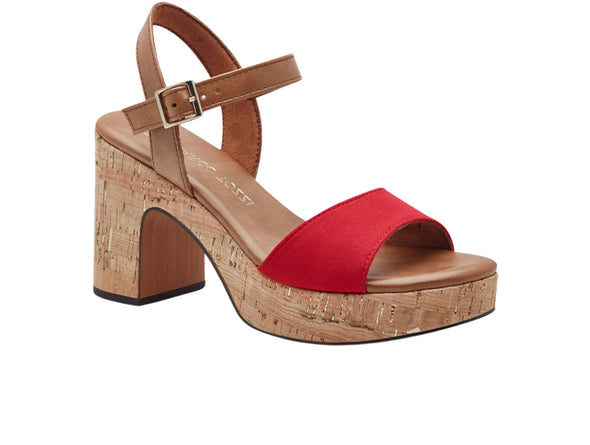 Marco Tozzi 2-28008-42 597 sandal in Red. Mid heel sandal with cork sole and brown ankle strap. Upper view