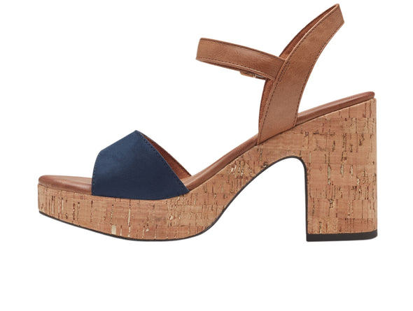 Marco Tozzi 2-28008-42 890 sandal in Navy. Mid heel sandal with cork sole and brown ankle strap. Inner view