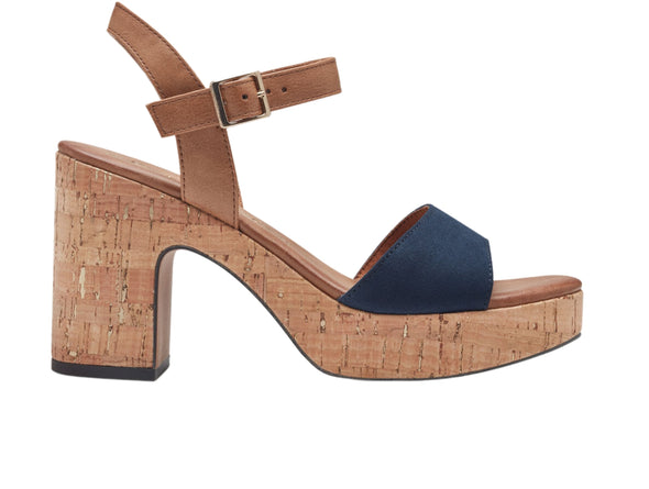 Marco Tozzi 2-28008-42 890 sandal in Navy. Mid heel sandal with cork sole and brown ankle strap. Outer view