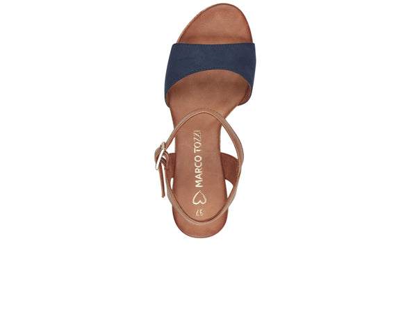 Marco Tozzi 2-28008-42 890 sandal in Navy. Mid heel sandal with cork sole and brown ankle strap. Top view