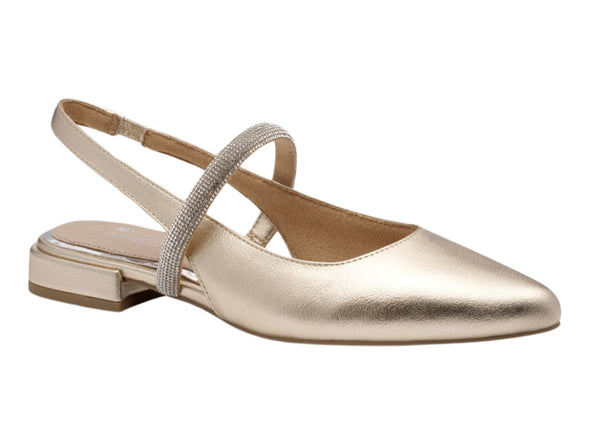 Marco Tozzi 2-89600-44 940 Gold Sling-Back Pumps with pointed toe, rhinestone strap, and a 2cm block heel, upper.