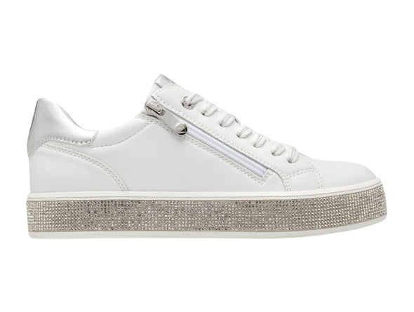 Marco Tozzi 2-23715-42 197 - White. Synthetic white laced casual shoe with side zip and diamante encrusted sole. Outer