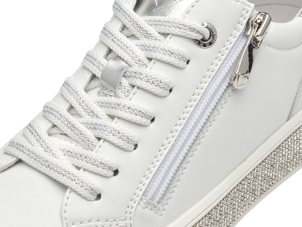 Marco Tozzi 2-23715-42 197 - White. Synthetic white laced casual shoe with side zip and diamante encrusted sole. upper