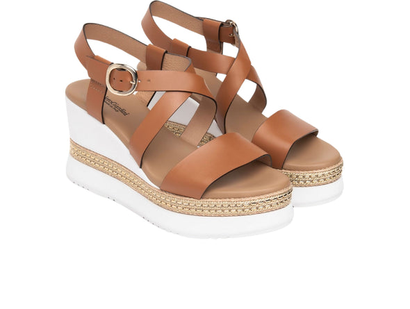 NeroGiardini E513550D – Tan Leather Wedge Sandal upper view