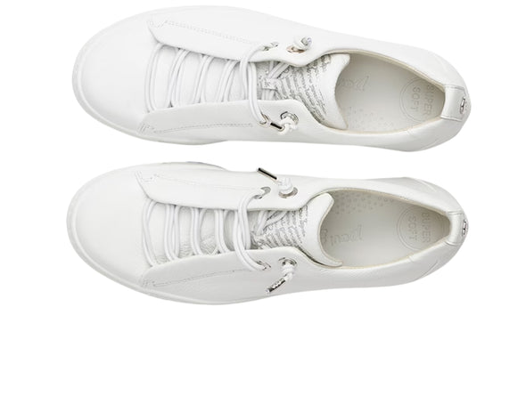 Paul Green Super Soft 5017-213 white leather sneakers. platform sole, lace-up design, and red & blue stripe detail top 1