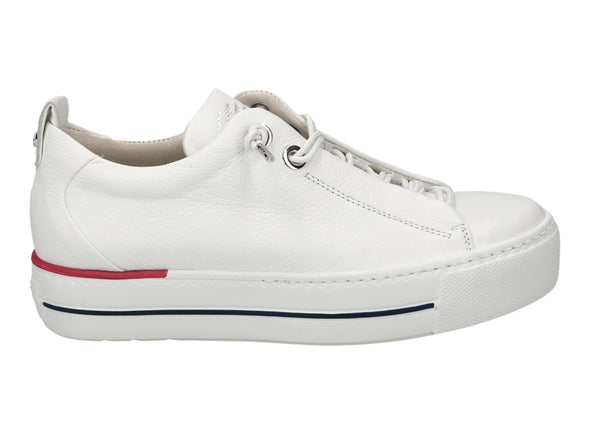 Paul Green Super Soft 5017-213 white leather sneakers. platform sole, lace-up design, and red & blue stripe detail outer