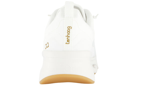 Stylish white Tenhaag 0001-047 sports shoes from a back view. The sneakers feature a modern design with breathable mesh panels, elasticated laces, and a cushioned sole with cutout details. The gold branding and sleek finish add a touch of elegance, making them perfect for casual and athleisure wear.