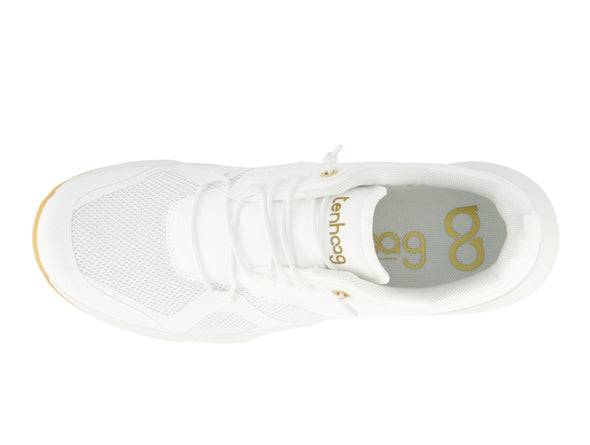 Stylish white Tenhaag 0001-047 sports shoes from a top view. The sneakers feature a modern design with breathable mesh panels, elasticated laces, and a cushioned sole with cutout details. The gold branding and sleek finish add a touch of elegance, making them perfect for casual and athleisure wear.