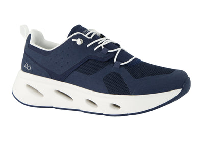 Stylish white Tenhaag 0001-057 Navy sports shoes in upper view. The sneakers feature a modern design with breathable mesh panels, elasticated laces, and a cushioned sole with cutout details. The gold branding and sleek finish add a touch of elegance, making them perfect for casual and athleisure wear.